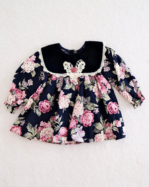 Vintage Jo Lene Navy Rose Velvet-Yoke Dress: 18m