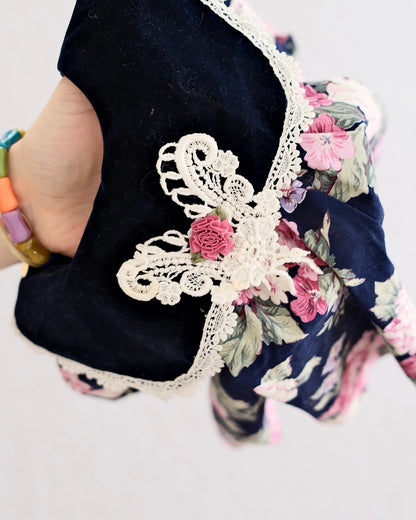 Vintage Jo Lene Navy Rose Velvet-Yoke Dress: 18m