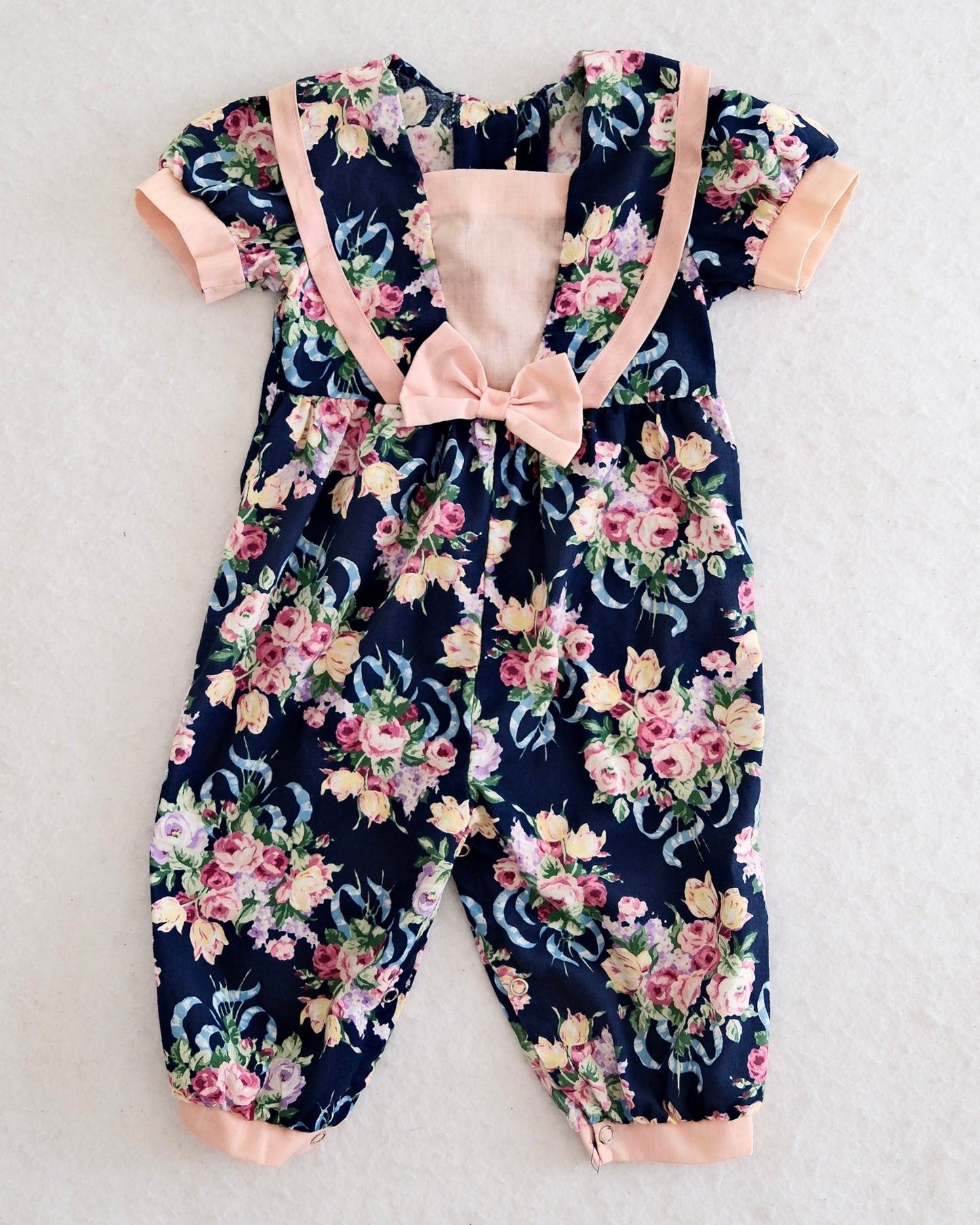 Vintage Evy Navy Floral Ribbon Romper: 12m