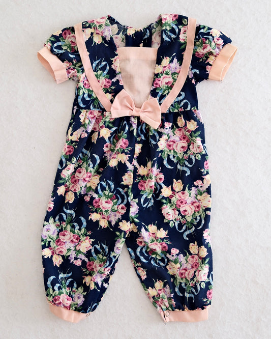 Vintage Evy Navy Floral Ribbon Romper: 12m