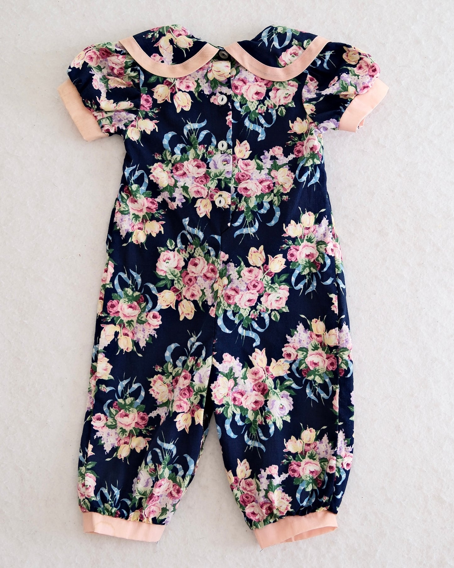 Vintage Evy Navy Floral Ribbon Romper: 12m