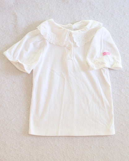 Vintage OshKosh B'Gosh girls white blouse, Peter Pan collar with floral lace trim, lace-trimmed puff sleeves
