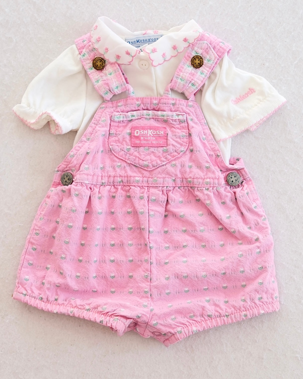 Vintage Baby OshKosh B'Gosh Pink Floral Woven Shortall + Embroidered Matching Top Set: 3/6m+