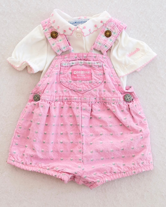 Vintage Baby OshKosh B'Gosh Pink Floral Woven Shortall + Embroidered Matching Top Set: 3/6m+