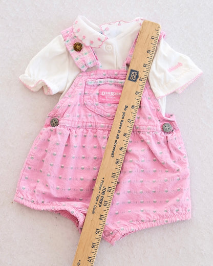 Vintage Baby OshKosh B'Gosh Pink Floral Woven Shortall + Embroidered Matching Top Set: 3/6m+