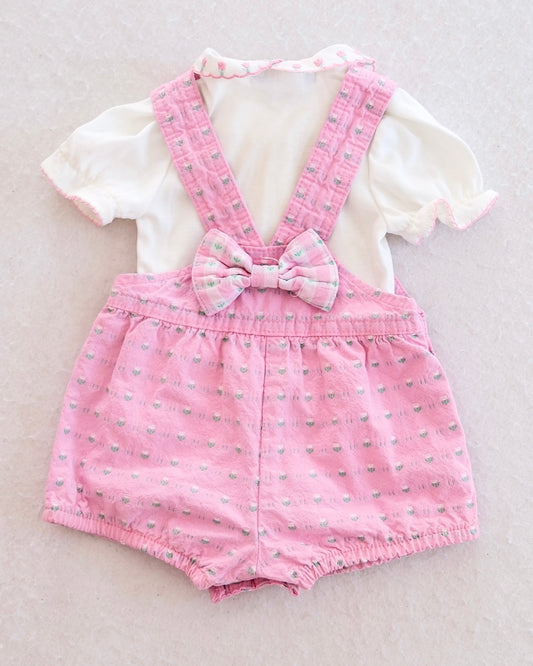 Vintage Baby OshKosh B'Gosh Pink Floral Woven Shortall + Embroidered Matching Top Set: 3/6m+