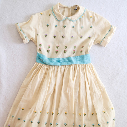 Vintage Cream Embroidered Floral Kids Dress, 10y?