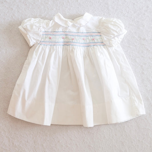 Vintage Tiny Tots White Hand Smocked Baby Dress, 18M