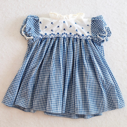 Vintage Navy Gingham Flocked Design Dress, 18m?