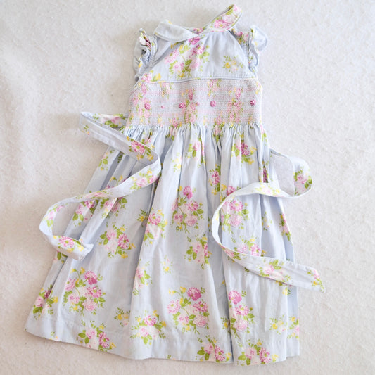Y2K Laura Ashley Blue Floral Smocked Dress, Size 4