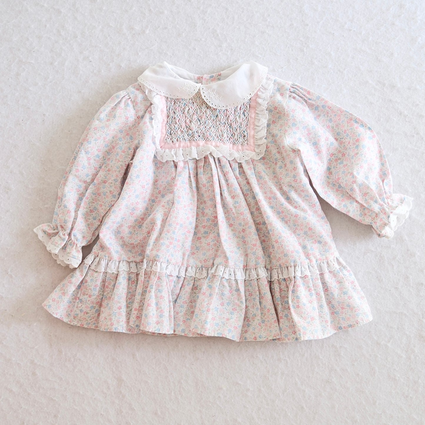 Vintage Polly Flinders Pink Floral Hand Smocked Baby Dress, 18M