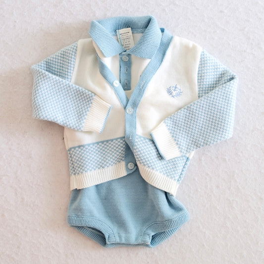 Vintage Blue & Cream Houndstooth Knit Cardigan & Romper Set, 12M