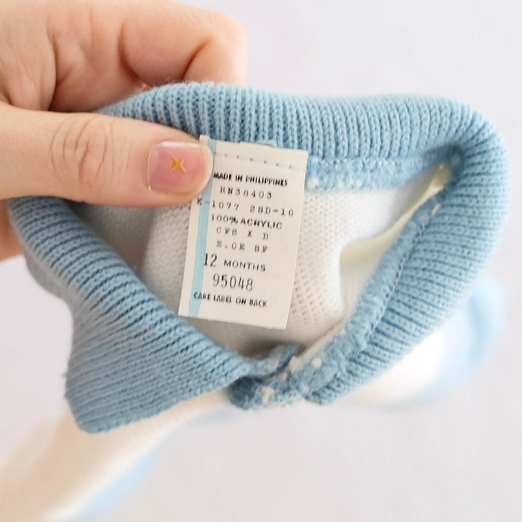 Vintage Blue & Cream Houndstooth Knit Baby Cardigan & Romper Set, 12M