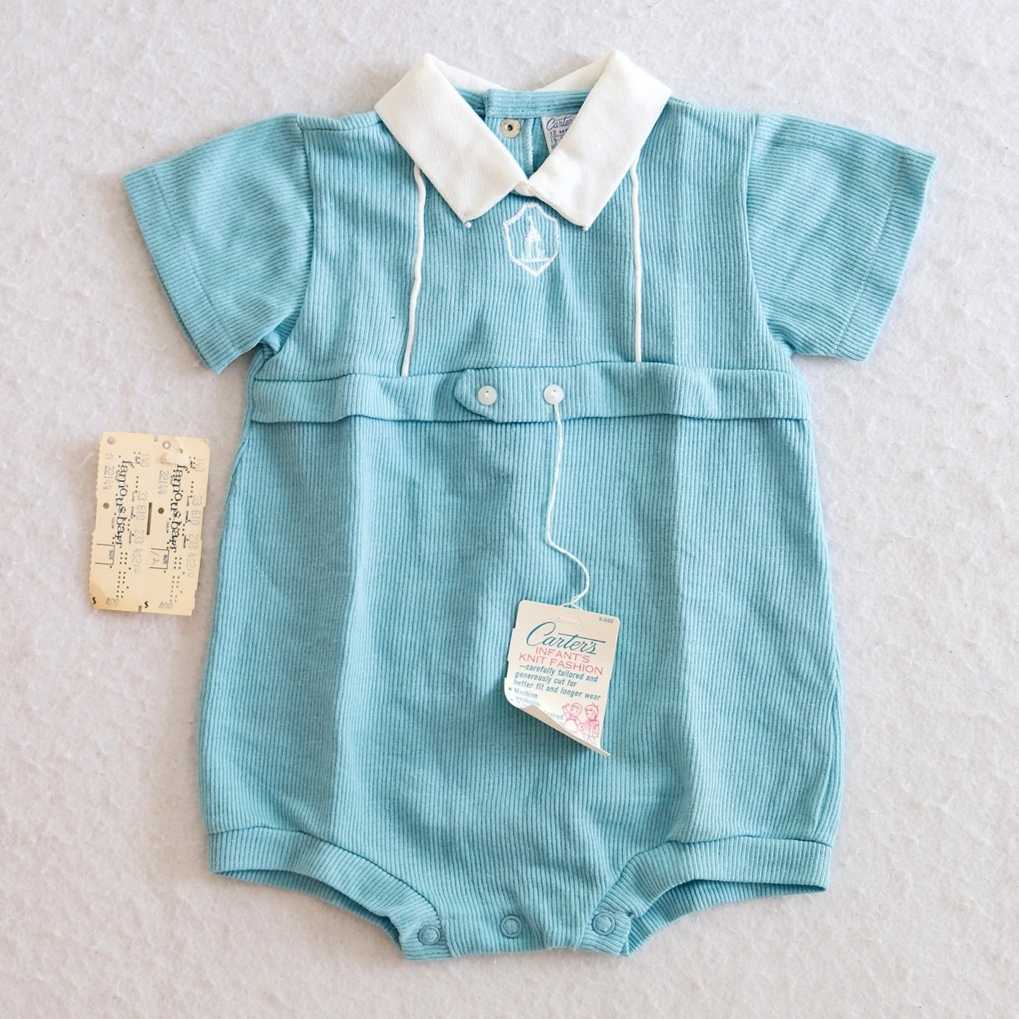 Vintage Carter's Blue Ribbed Knit Baby Bubble Romper, 12M
