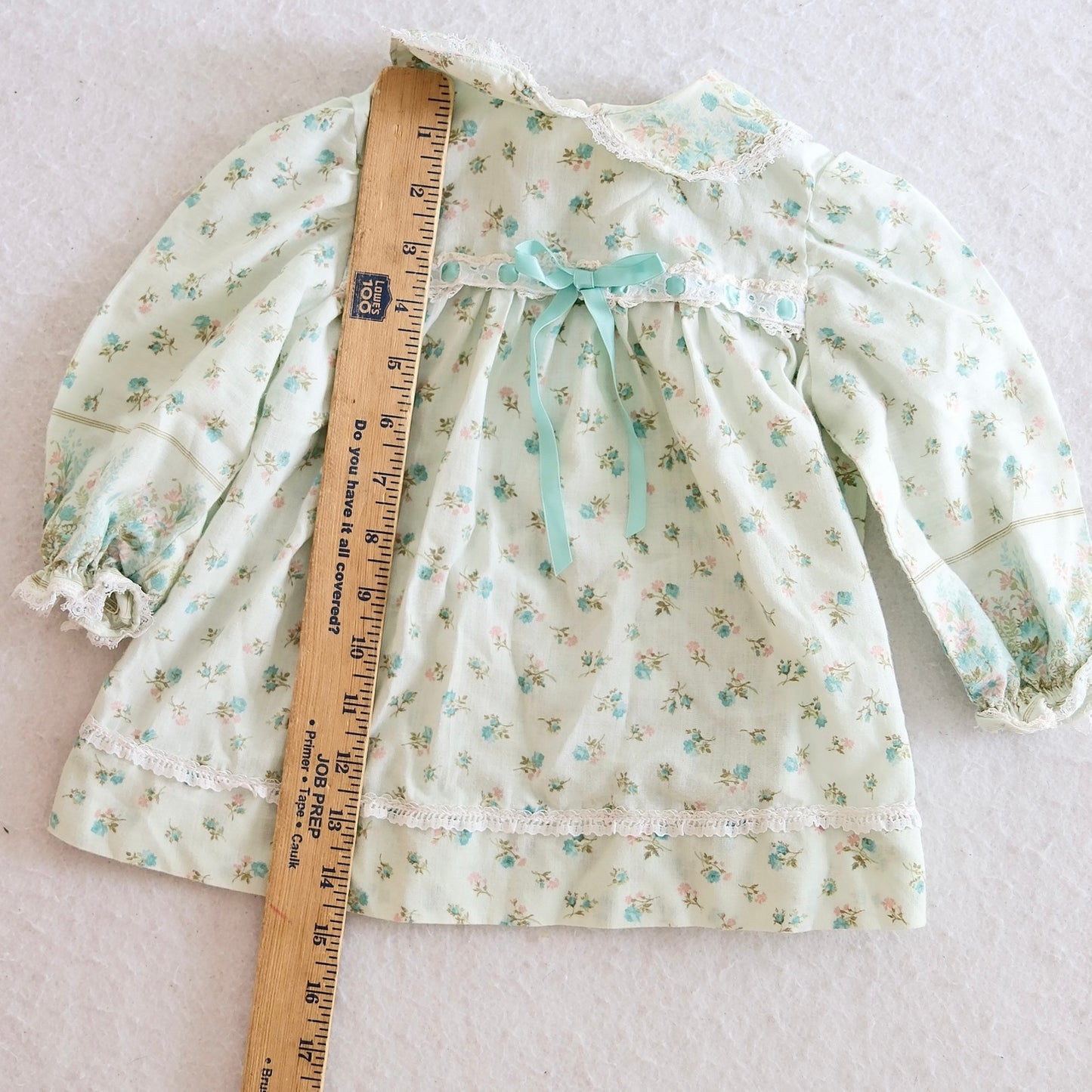 Vintage Handmade Mint Floral Long Sleeve Prairie Baby Dress, 12m?