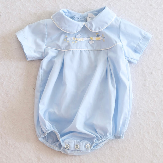 Vintage Alexis Blue Airplane Embroidered Bubble Romper, 3M