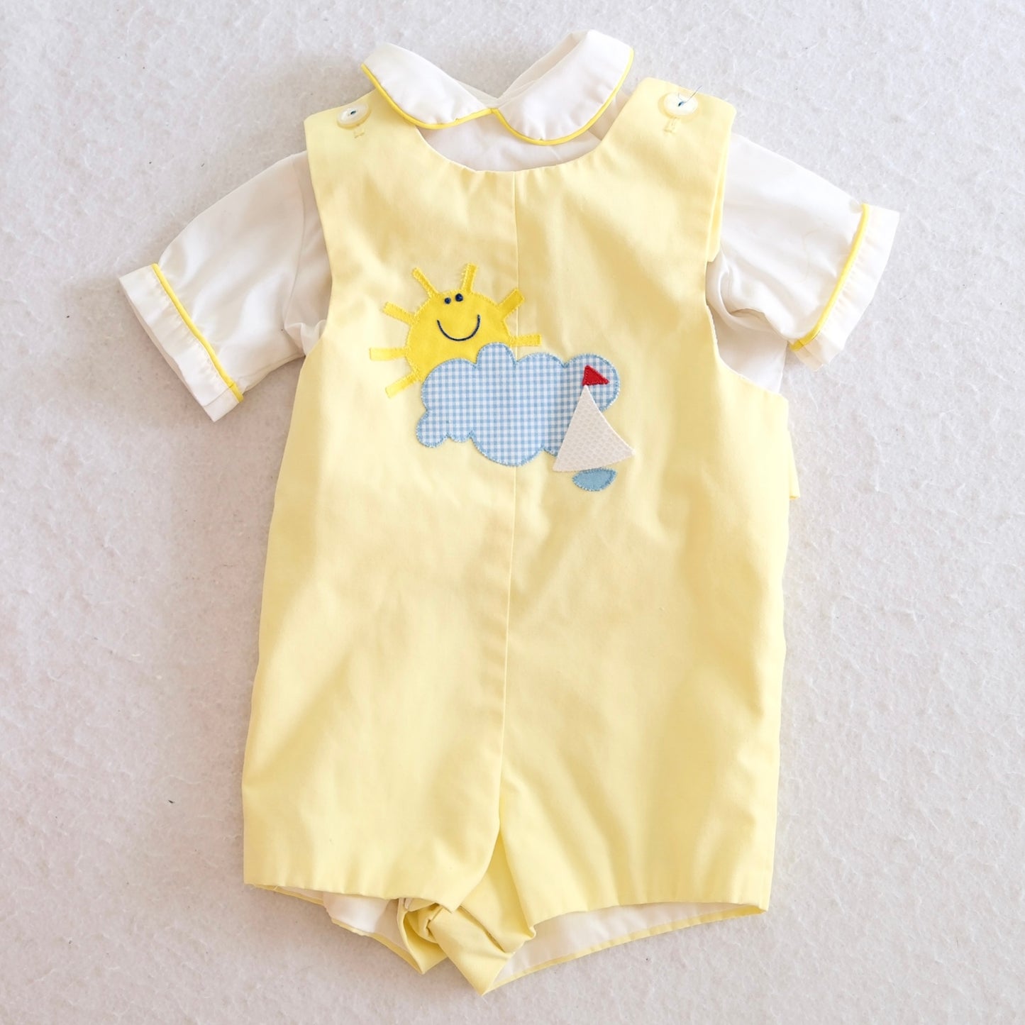 Vintage Chocolate Soup Yellow Sun & Sailboat Romper Toddler Set, 3T
