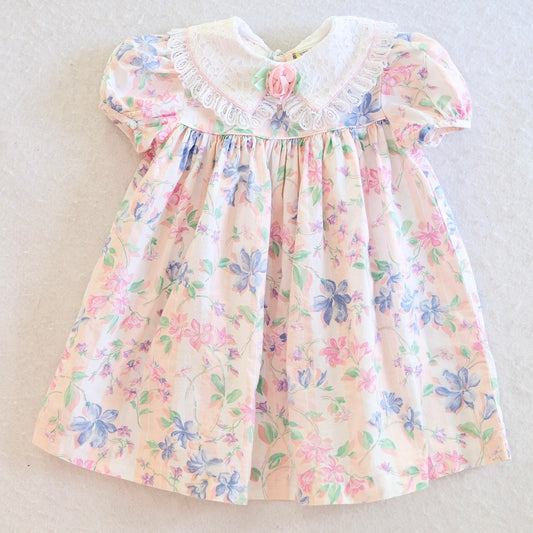 Vintage Pastel Stripe Floral Lace Collar Dress, 2T