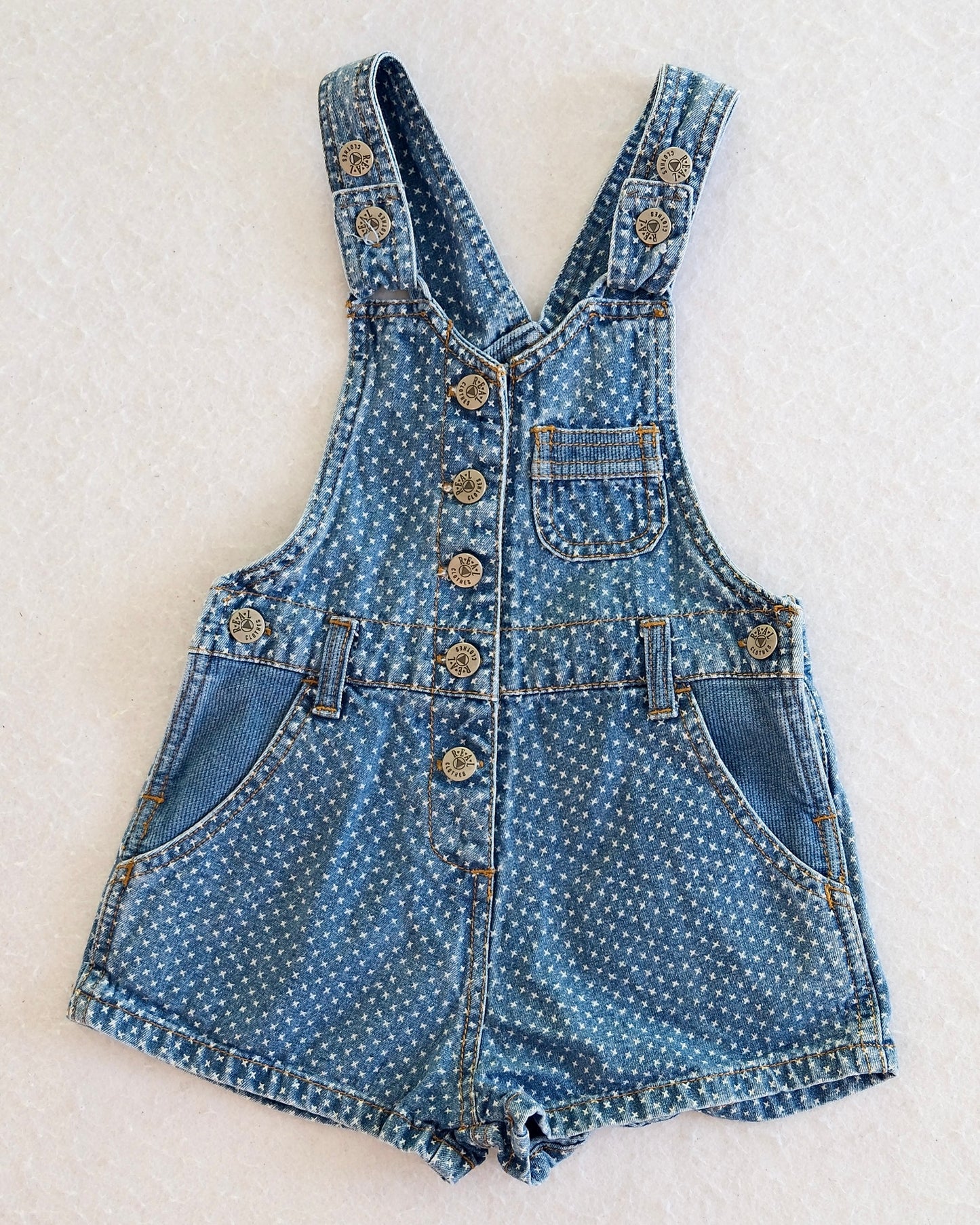 Vintage Real Clothes Woven Print Denim Racerback Toddler Overall Shorts: 3X