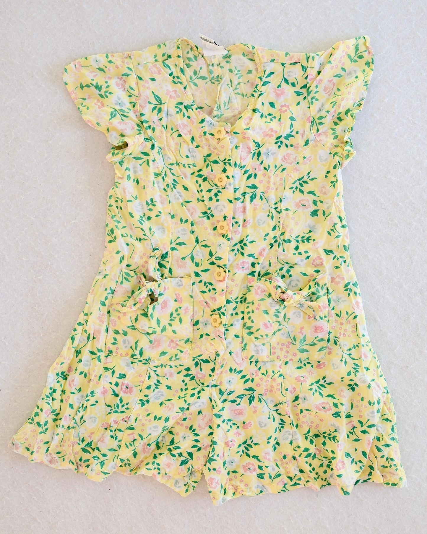 Vintage Sostanza Yellow Floral Rayon Kids Romper: 7/8
