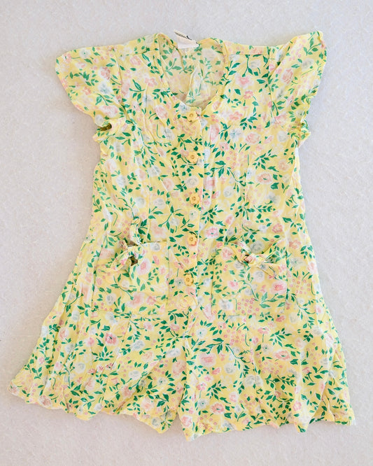 Vintage Sostanza Yellow Floral Rayon Kids Romper: 7/8