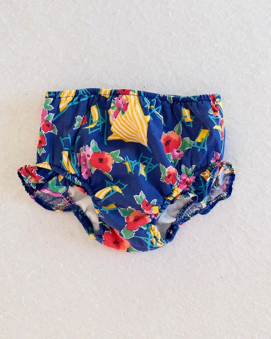 Vintage Navy Floral Beach Chair Print Ruffle Swim Diaper Cover: XL (25–30 lbs)