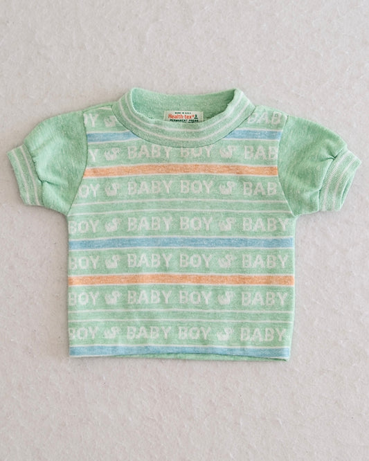 Vintage Health-tex boys mint green Baby Boy stripe terry tee size 9 months, front flat lay, allover Baby Boy text repea