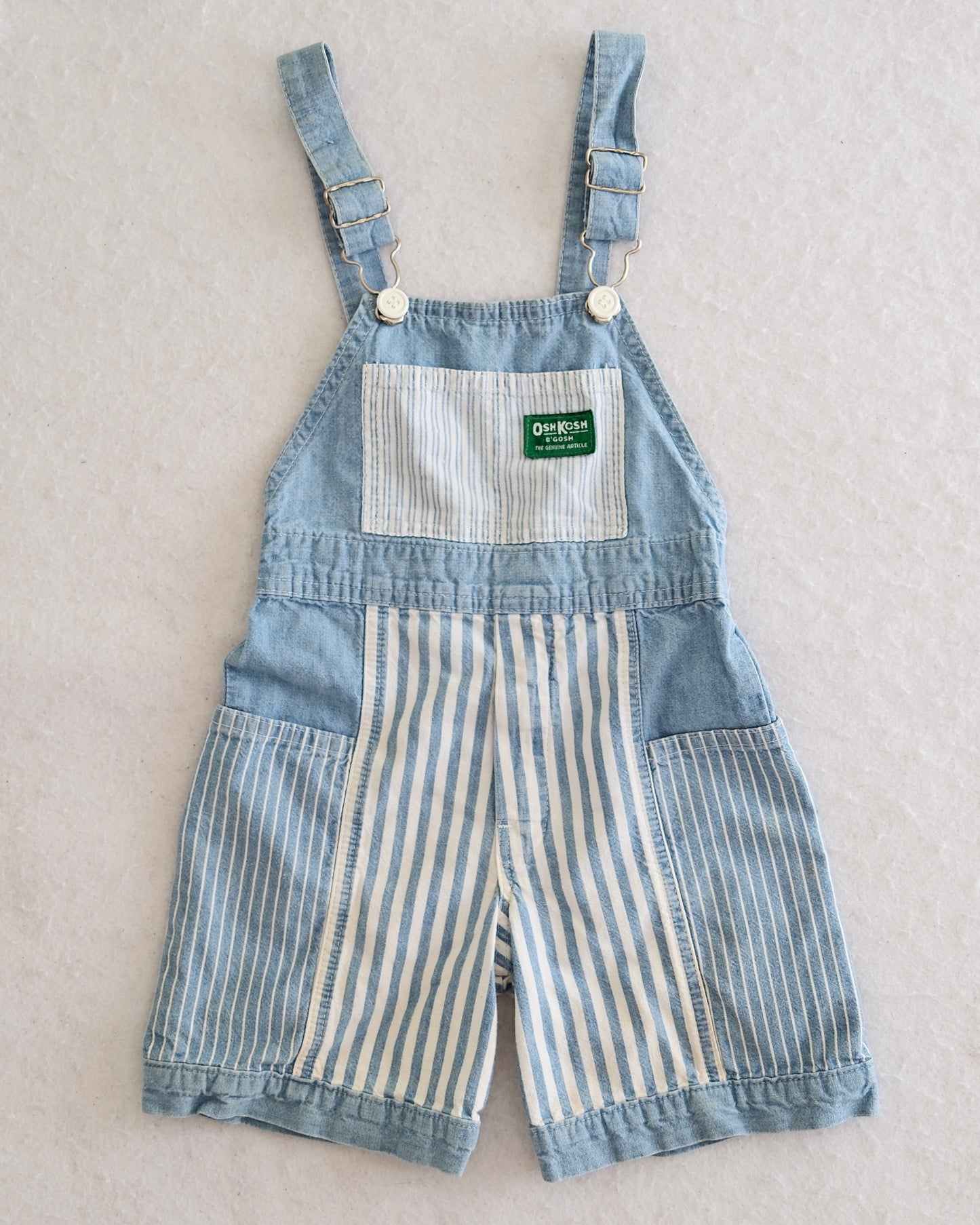 Vintage OshKosh B'Gosh kids patchwork denim and hickory stripe shortalls, green label