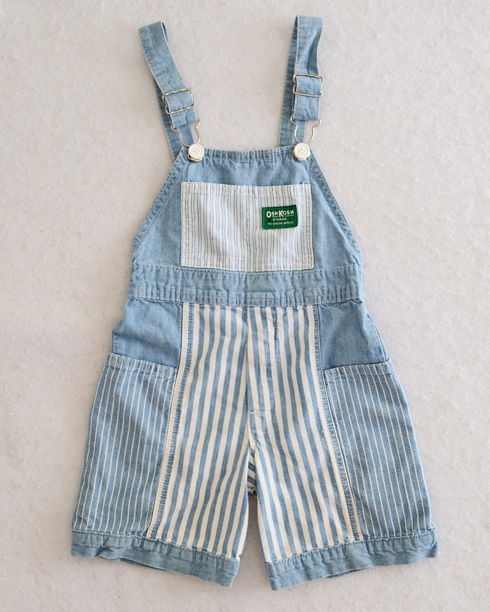 Vintage OshKosh B'Gosh kids patchwork denim and hickory stripe shortalls, green label