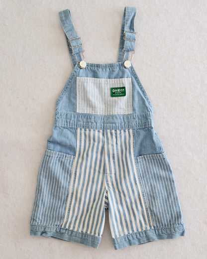 Vintage OshKosh B'Gosh kids patchwork denim and hickory stripe shortalls, green label