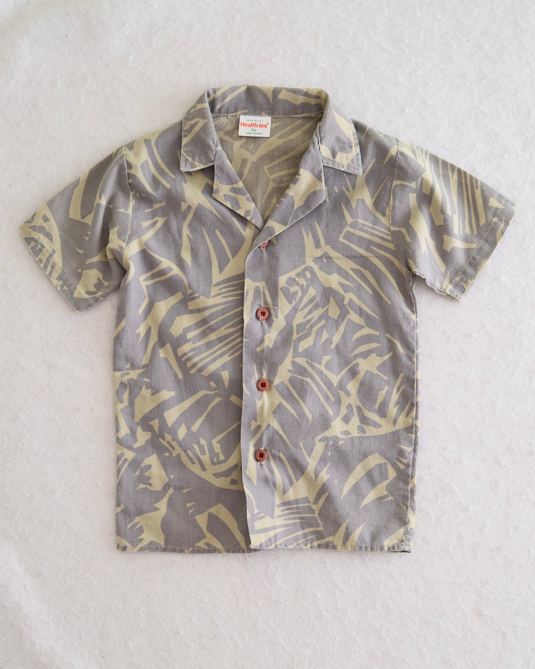 Vintage Health-tex boys gray tropical leaf print camp shirt size
