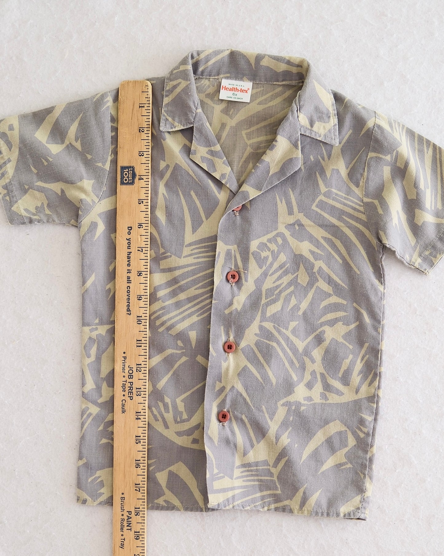 Vintage Healthtex Gray Tropical Leaf Print Kids Camp Shirt: Size 6X