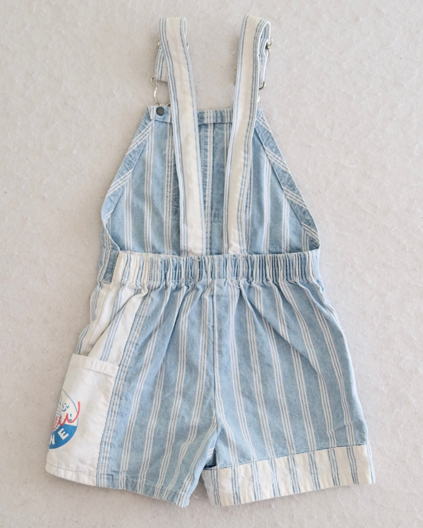 Vintage OshKosh B'Gosh Blue Stripe Toddler Shortalls with Crew Line Graphic Pocket: 2T?