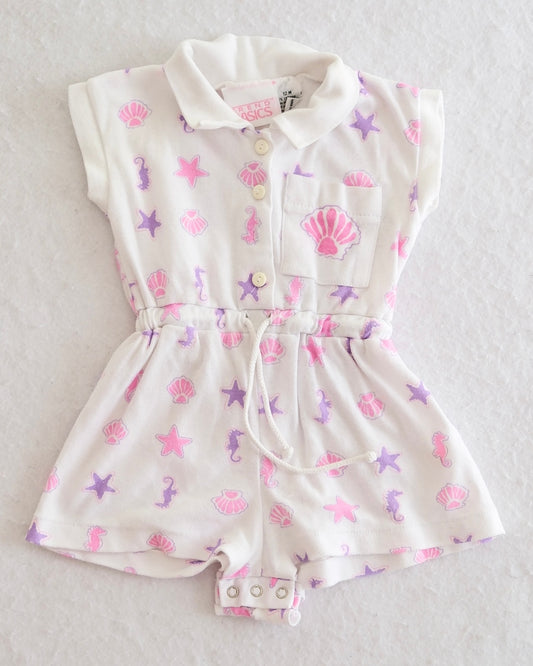 Vintage Trend Basics Baby Girl Seashell Surf Print Terry Romper: 12 Months