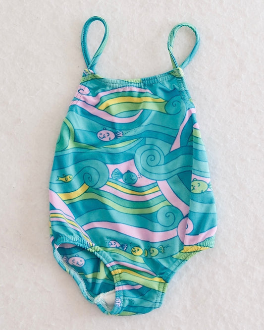 Vintage Carter's Baby Teal Wave and Fish Surf Print One-Piece Swimsuit: 18m?