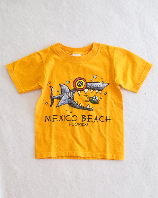 Vintage Kids' Yellow "Mexico Beach Florida" Shark Surf Graphic Tee: Youth XS