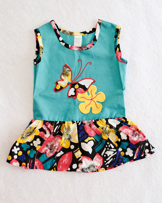 Vintage Toddler Teal Butterfly Appliqué Drop Waist Dress: 2T?