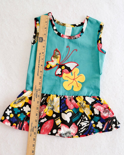 Vintage Toddler Teal Butterfly Appliqué Drop Waist Dress: 2T?