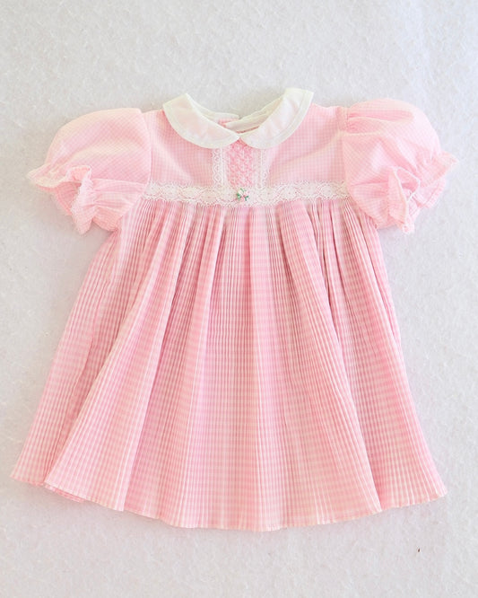 Vintage Pink Gingham Smocked Heirloom Toddler Dress: 2T