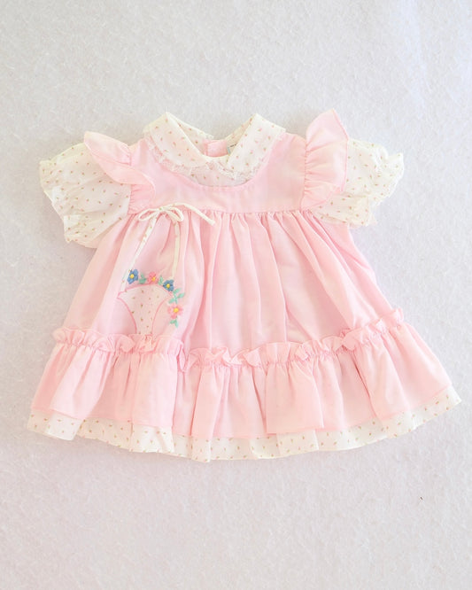 Vintage Pink Ruffle Apron Baby Dress with Embroidered Basket Appliqué: 18 Months