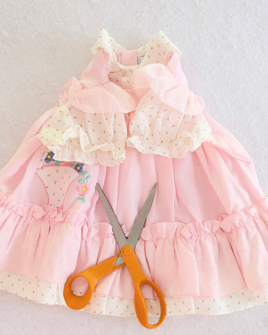 Vintage Pink Ruffle Apron Baby Dress with Embroidered Basket Appliqué: 18 Months