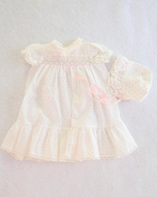 Vintage Polly Flinders Hand Smocked Newborn Gown and Bonnet Set: Newborn–3 Months