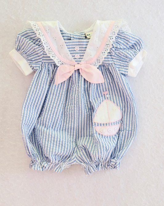 Vintage BT kids Blue Seersucker Sailor Sailboat Baby Romper: 3-6 Months