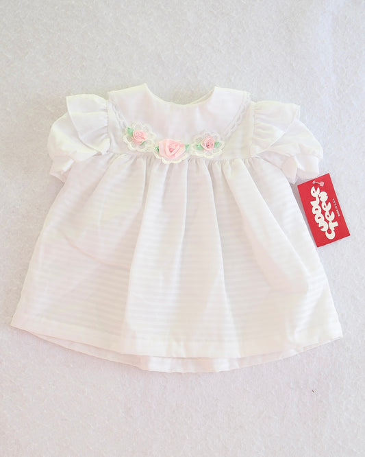 Vintage Cuddle Teen White Rose Appliqué Baby Dress: 12 Months