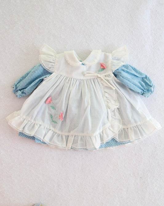Vintage Nannette Blue Floral Apron Baby Dress with Tulip Appliqués: Up to 3 Months