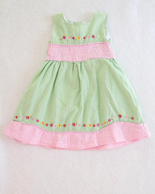 Y2K BT Kids Green Embroidered Floral Smocked Toddler Dress: 2T