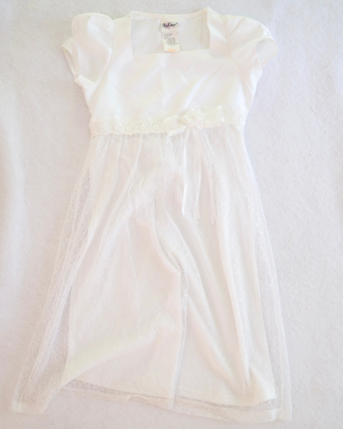 Vintage Rose Cottage White Lace Overlay Girls Dress: Size 7