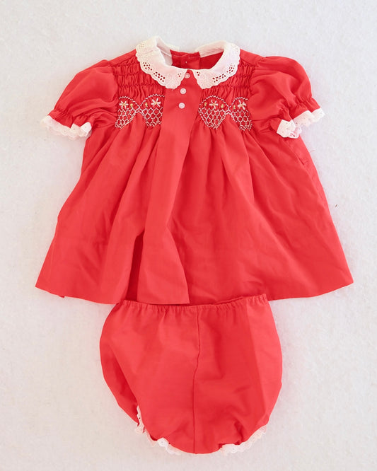 Vintage Polly Flinders Hand Smocked Red Heirloom Baby Dress and Bloomer Set: 12 Months