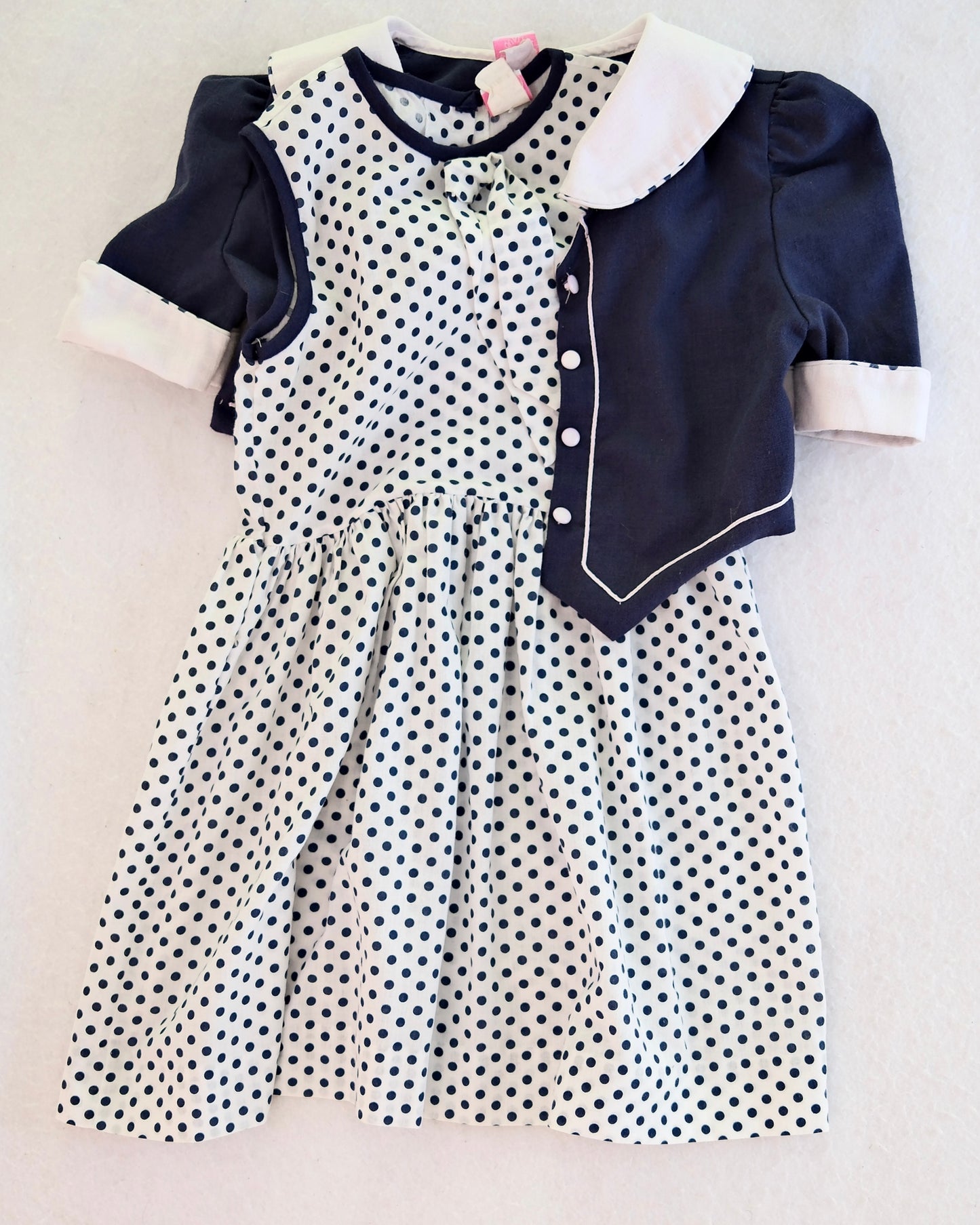 Vintage Miss Quality Navy and White Polka Dot Drop Waist Girls Dress with Jacket: Size 7