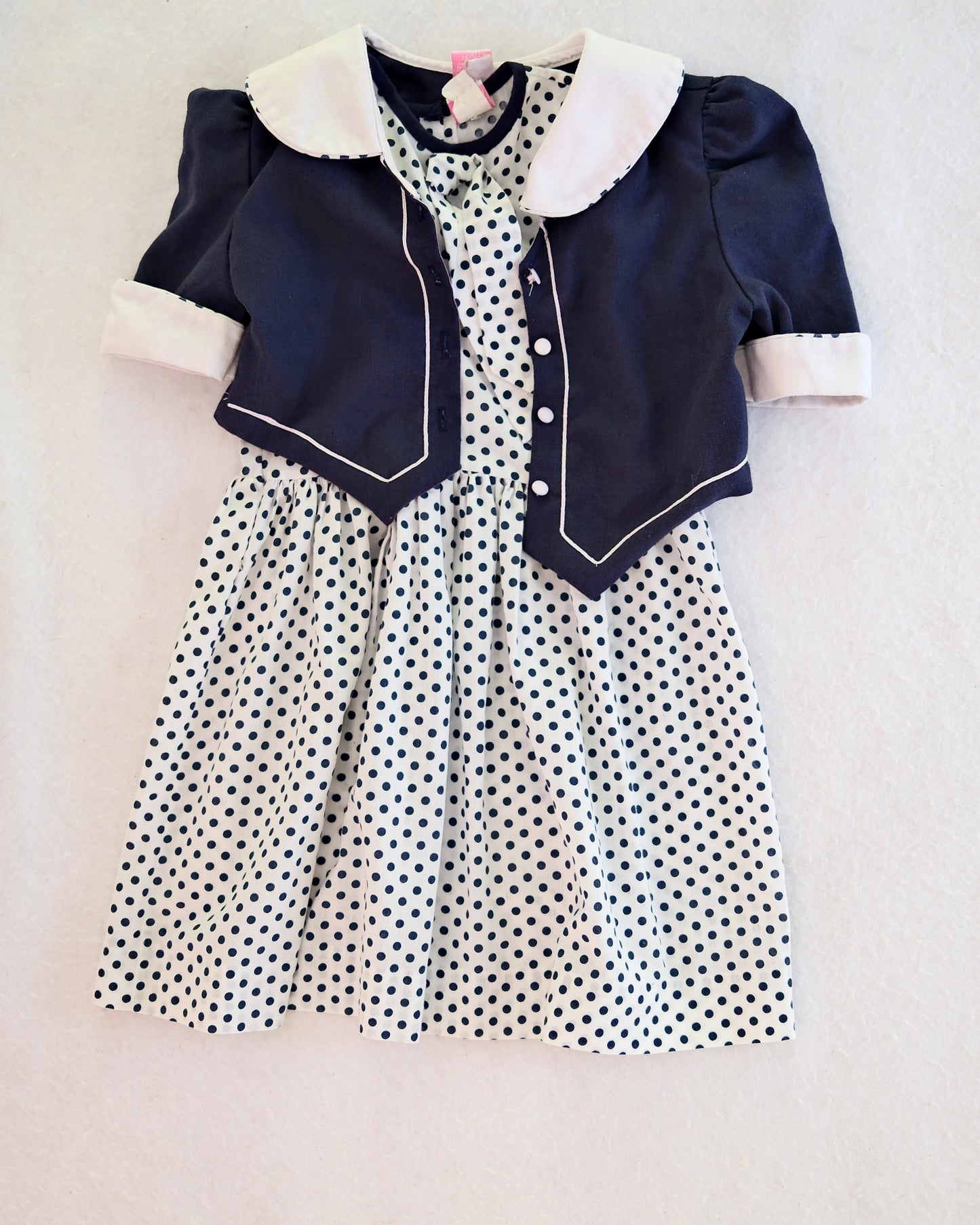 Vintage Miss Quality Navy and White Polka Dot Drop Waist Girls Dress with Jacket: Size 7